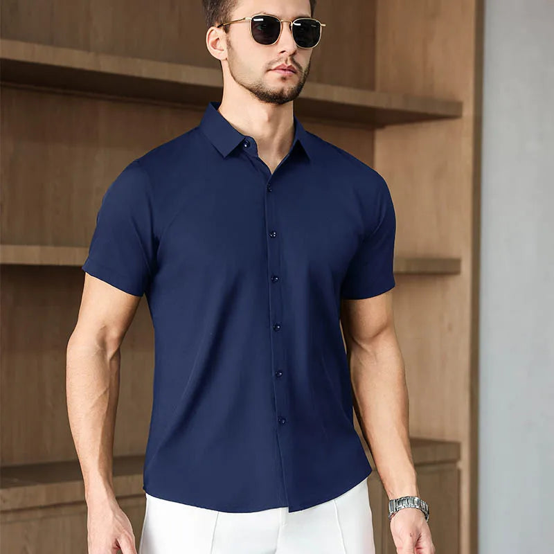 New Men's Business Casual Solid Color Short Sleeved Shirt for Summer Fashion No Ironing Comfortable and Versatile Top