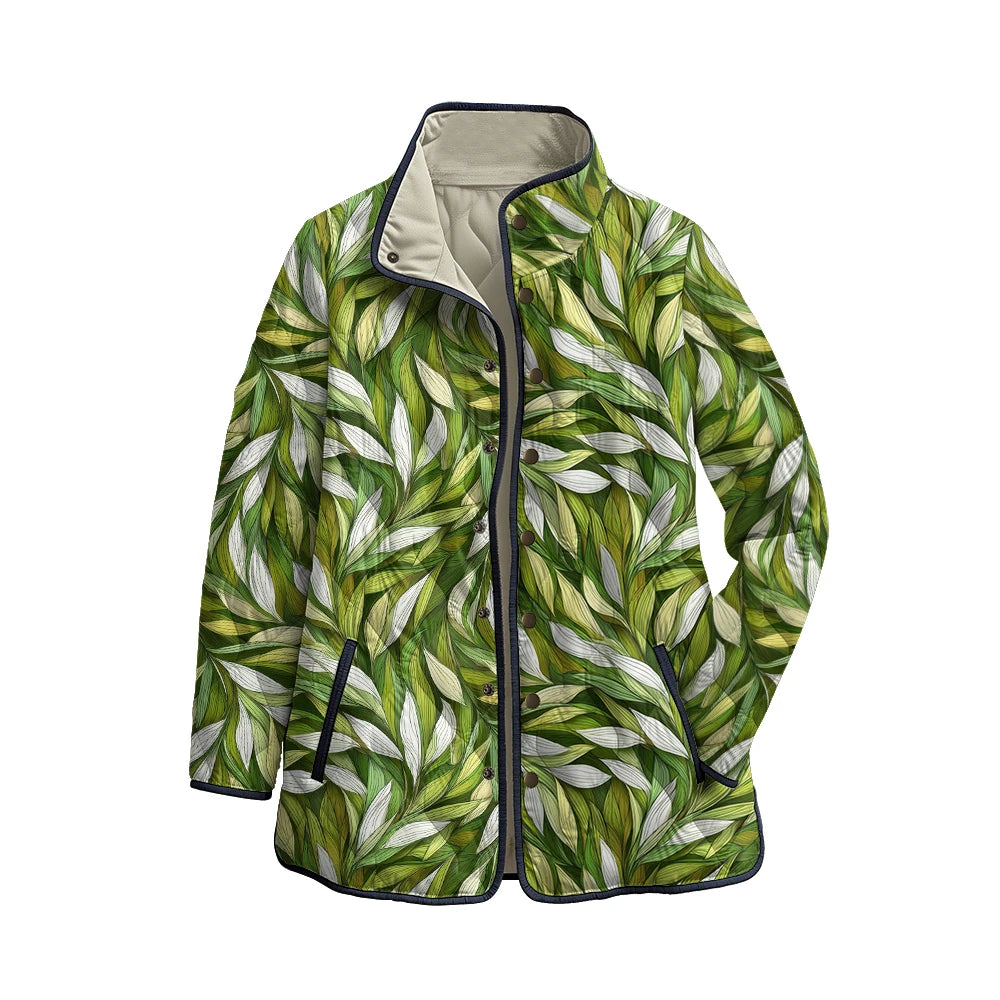 Quilted Leaf Print Winter Jacket