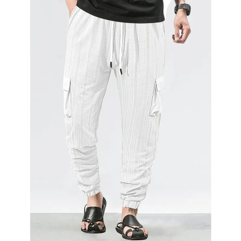 Men's Grid Cargo Joggers Drawstring Elastic Waist Multi Pocket Casual Ankle Length Trousers