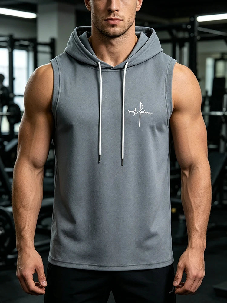 Summer Men‘s Workout Tee Running Training Hooded Sleeveless Gym Fitness Top Fashionable Loose Quick Drying Sports Tank Top