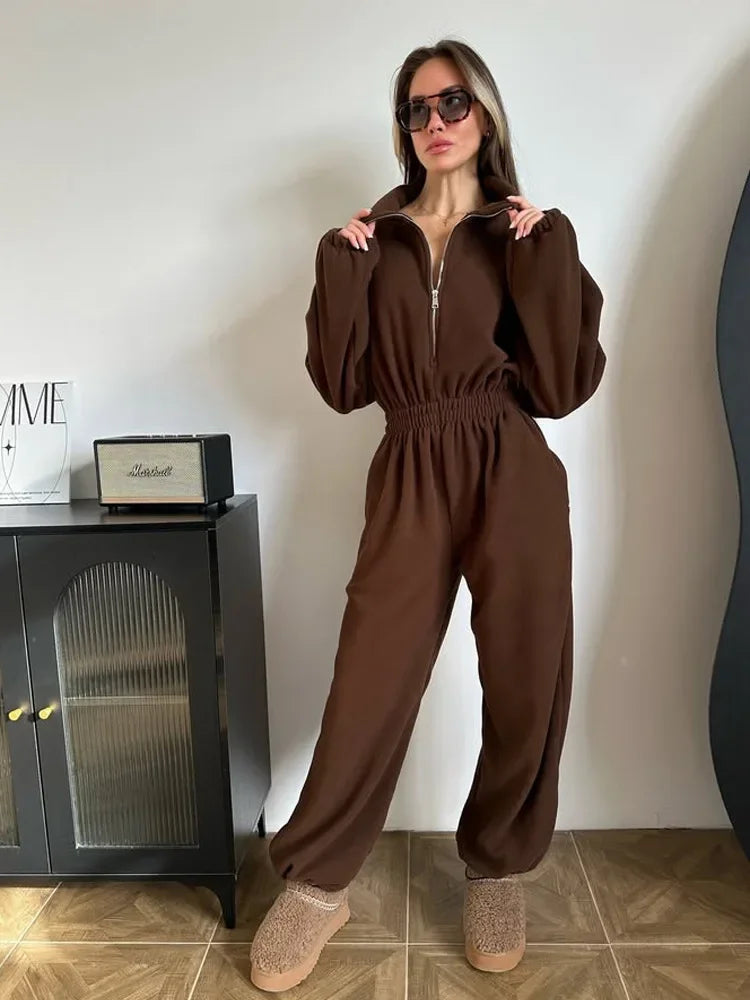 Jumpsuit Women 2026 New Fashionable Long Sleeved Jumpsuit for Women's Casual Half Open Collar Elastic Waist Jumpsuit