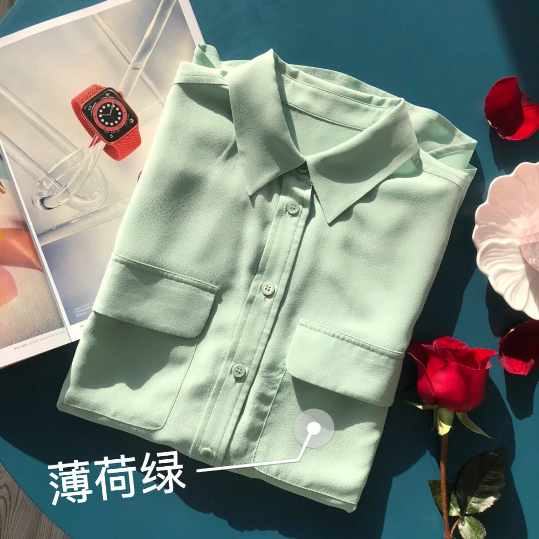 Women Real Silk Shirts Classic Double Pockets Solid Color Casual Fashion Long Sleeve Thin Shirt Blouses Tees