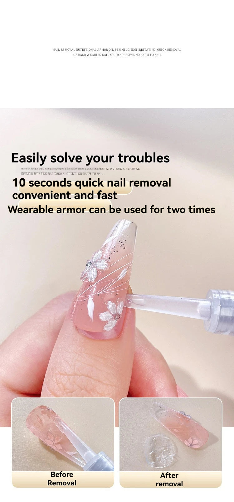 Gentle Alcohol-Free Nail Polish Remover Pen for Press-On Nails, Safe & Damage-Free Acrylic/Gel Nail Removal