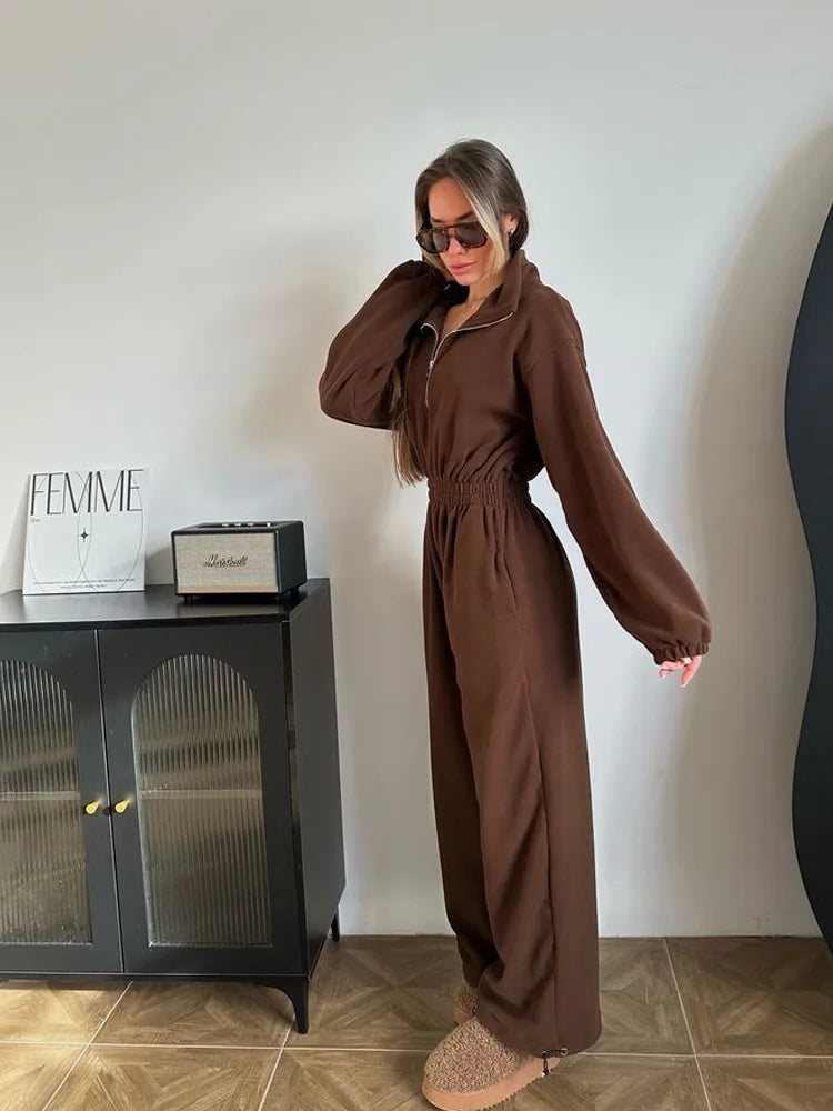 Jumpsuit Women 2026 New Fashionable Long Sleeved Jumpsuit for Women's Casual Half Open Collar Elastic Waist Jumpsuit