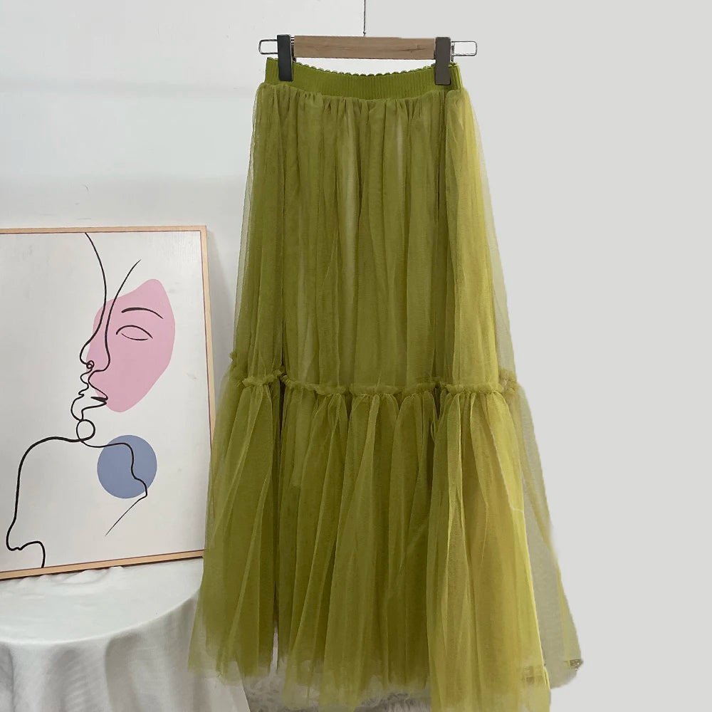Pleated Lace Cake Midi Skirt
