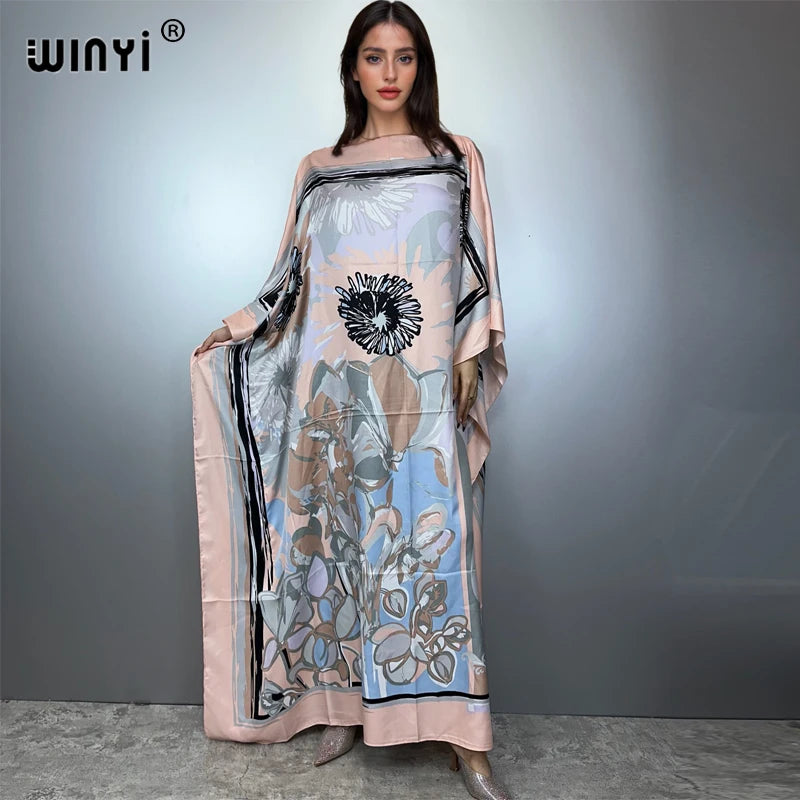 Printed Dresses For Women 2025 Fashion Design Loose Dress Batwing Maxi Long Femme Vestidos Summer Autumn Party Elegant Dress
