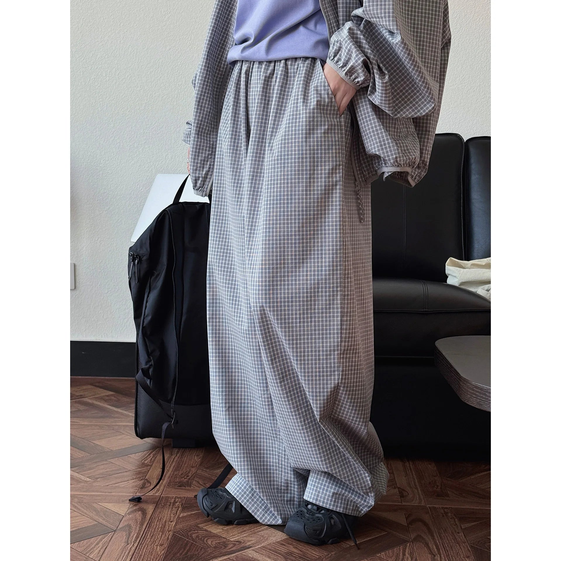 2026 Women Summer Long Pants High Waist Wide Leg 80% Cotton Plaid Pants Fashion Clothes Vintage Pants Female Trousers