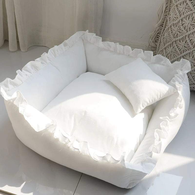 Pet Dog Lace Bed Cat Bed Cute Puppy Square Sleeping Cushion Bed Cat Sofa Warming Dog Nest with Pillow Washable Pet Bed S~L