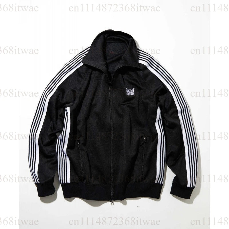 Unisex Embroidery Track Suit Striped Tape Zip‑Up Jacket Pants Set Casual Sportswear Outfit Long Sleeve Athletic Tracksuit Set