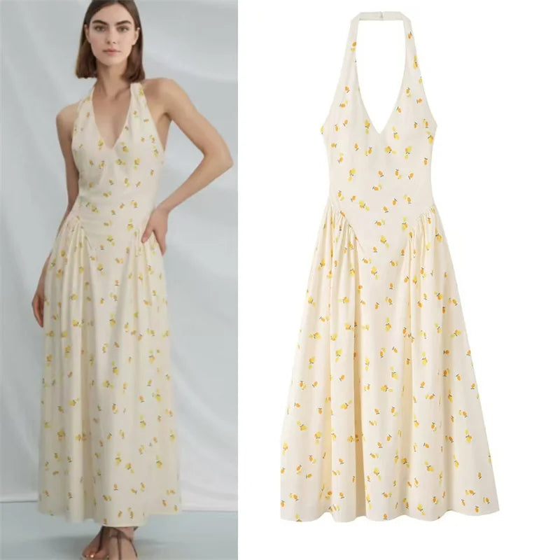 Women's Dress 2026 New Fashion Summer Hot Sale Printed Halter V-neck Satin Sexy Dating Women's Mid-Length Dress