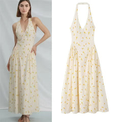 Women's Dress 2026 New Fashion Summer Hot Sale Printed Halter V-neck Satin Sexy Dating Women's Mid-Length Dress
