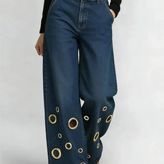 Women's High Waist Wide Leg Jeans with Gold Eyelets Vintage Baggy Denim Pants, Y2K Streetwear Hollow Out Trousers Ladies Jeans