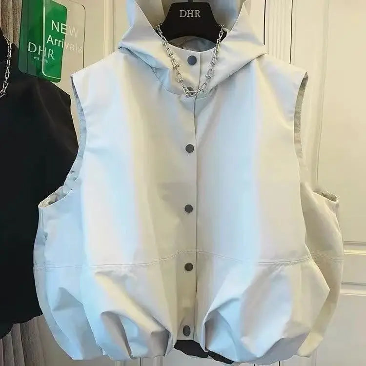 Women Hooded Vests Coats Single Breasted Loose Casual Tops Spring Autumn Korean Simple All-match Breathable Waistcoat