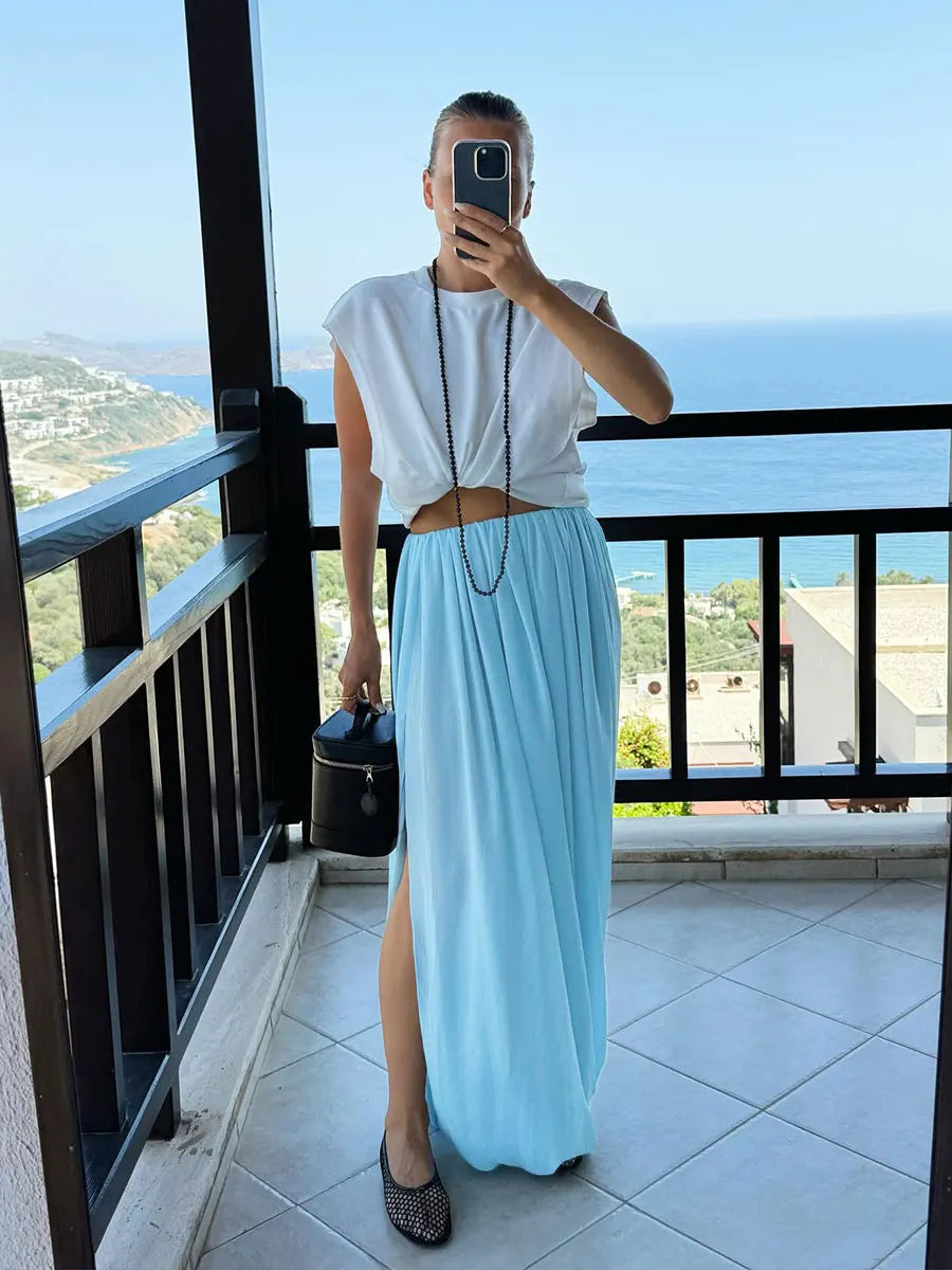 Irregular Skirt for Women Spring Summer New Elegant Street Style Skirt Women's Fashion Loose Ruched Draped Side Split Maxi Skirt