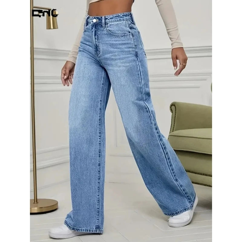 Spring and Autumn New Sky Blue Jeans for Women, Water Washed, Loose, Casual, Wide Legs, Comfortable, Vintage Pants