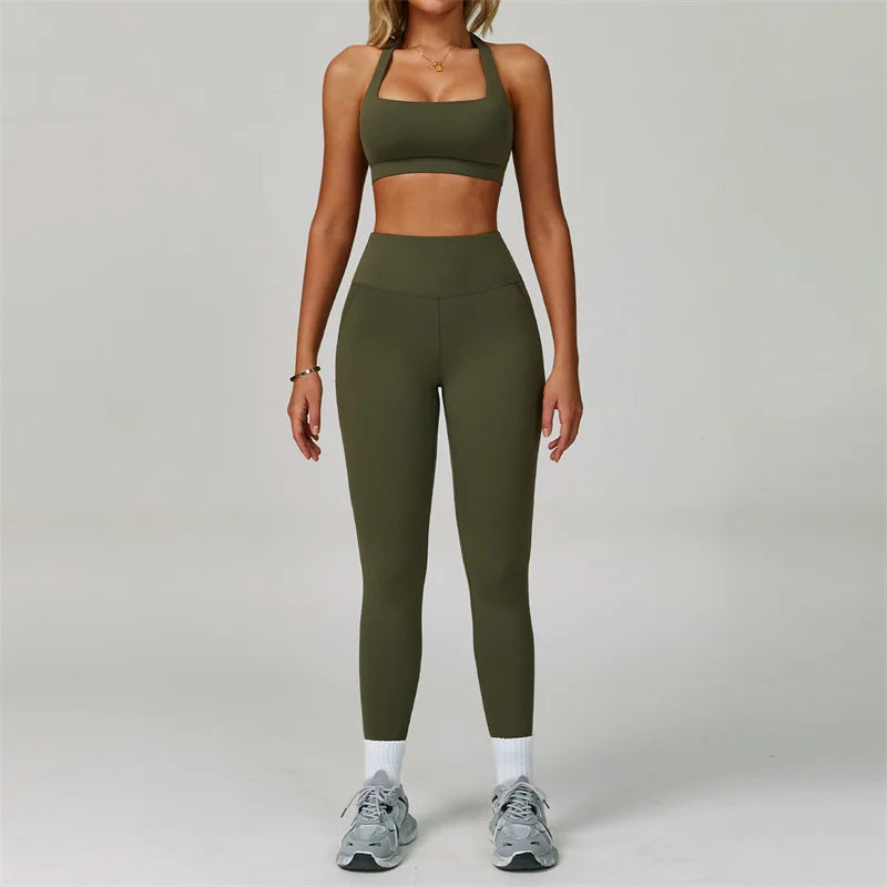 TRY TO BN Gym Sets Woman 2 Piece Yoga Backless Top Women's Tracksuit High Waisted Leggings Butt Lifting Fitness Workout Clothes