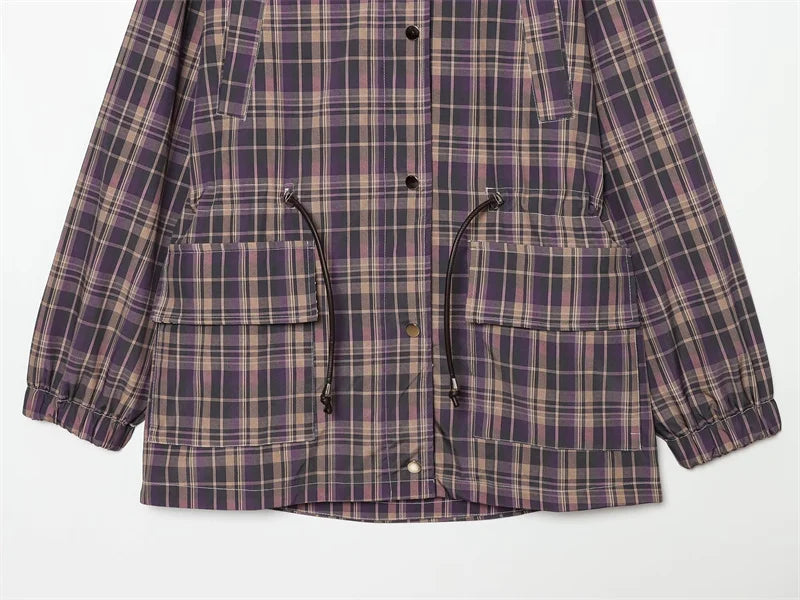 Women's Coat 2026 New Autumn Gray Plaid Long Sleeve Loose Drawstring Decorative Coat Casual Fashion Personal Ladies Outerwear