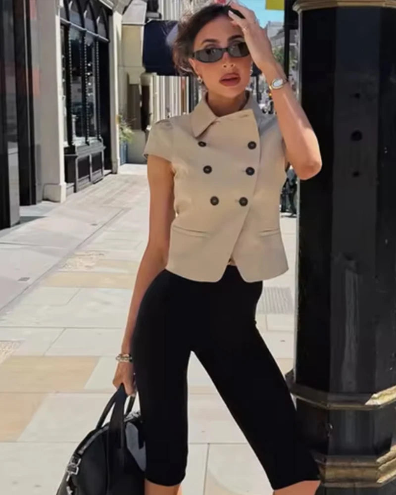 Women's Jacket 2026 New Fashion Double-Breasted Short-Sleeve Slim Jacket for Women Summer Ladies Outerwear Casaul Chic Women Top