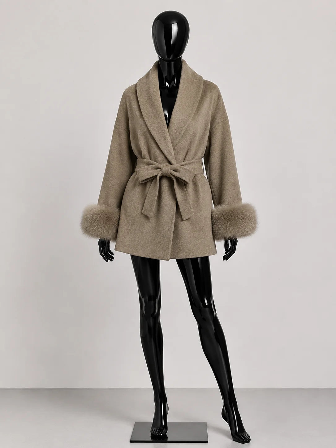 Women's Wool Coat with Fur Cuffs Minimalist Soft Wool High Fashion Belted Winter Fur Trim Coat Old Money Style Natural Fur Coat