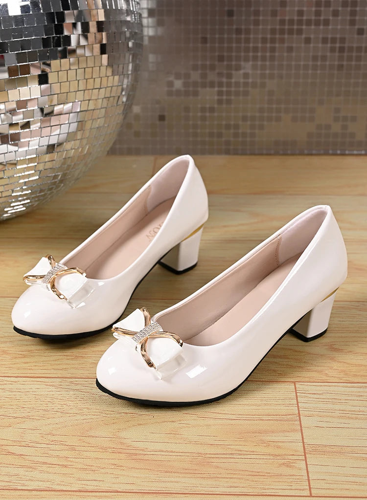 Women High Heels Low Heels Fashion Bling Bow patent leather Professional Casual Pumps Woman Wedding Party Shoes Large Size 42