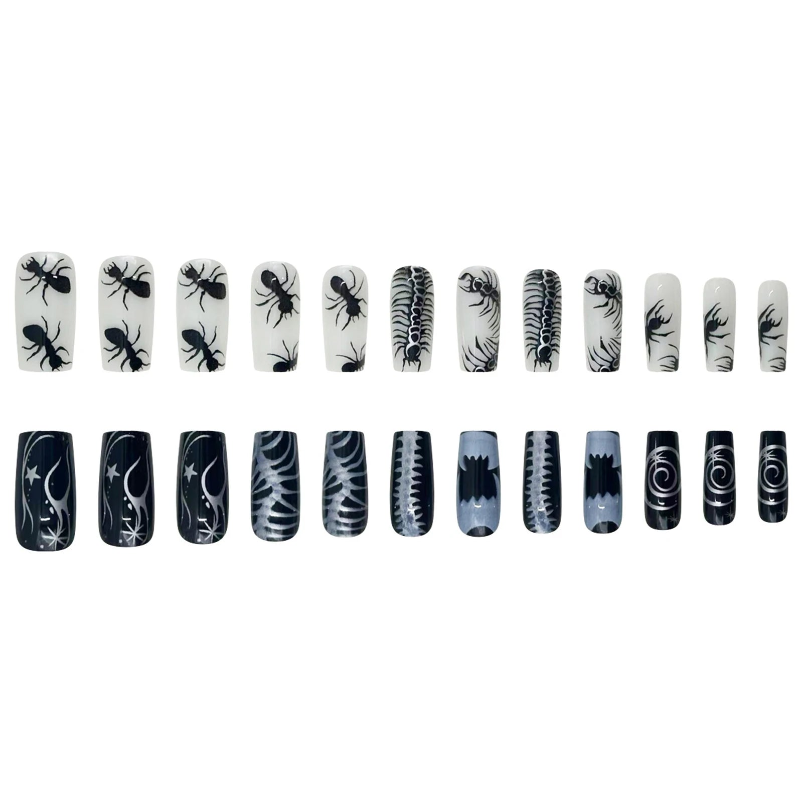 24pcs Thriller Style False Nails With Halloween Ant Bugs Pattern Wearable Press On Nails Ballet Black Punk Nail Art Decoration