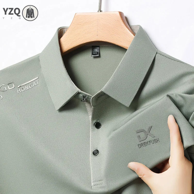 Men's Business Casual Short Sleeve Polo Shirt Solid Color with Badge Fashionable Breathable Comfortable Versatile Business Top