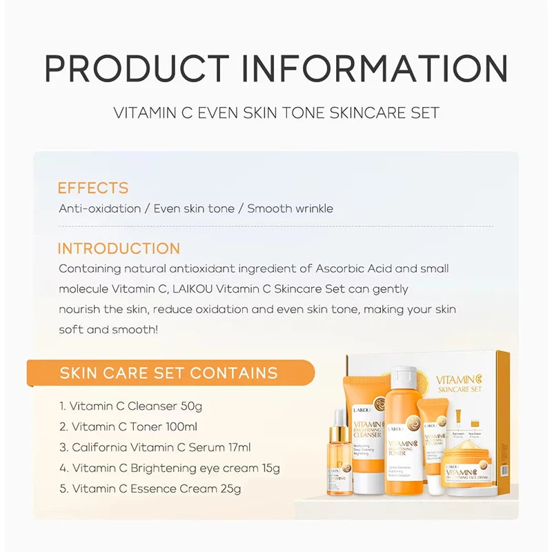 Vitamin C Skincare Set 5pcs(Cleanser-Toner-Serum-Eye Serum-Face Cream) + Natural Antioxidant Ingredients, Nourish Even Skin Tone