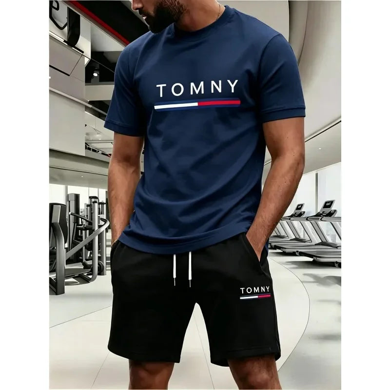 men's sports suit summer fashion street short sleeved sports suit trendyprinted pattern embellishmentThree colors to choose from