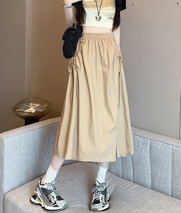 Drawstring Cargo A-Line Midi Skirt