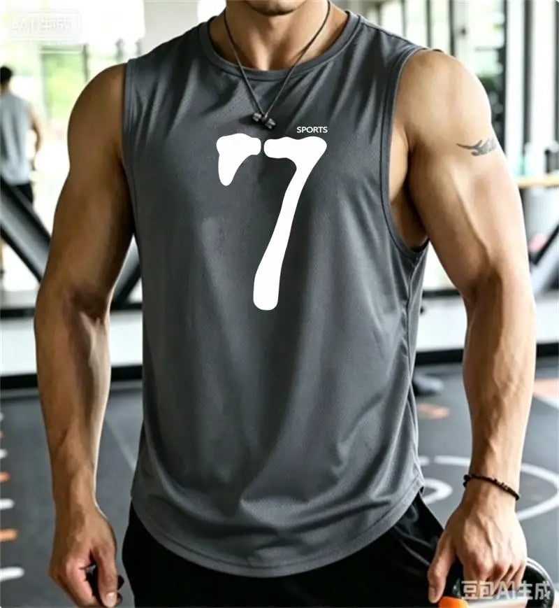 SPORTS 7 New Men Tank Tops Sleeveless Shirt Polyester Mesh Material Quick Dry Breathable Men Workout Fitness Basketball Top Tee