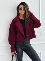 Women's Double Breasted Short Wool Coat Casual Lapel Collar Cropped Jacket For Autumn Winter Daily Wear