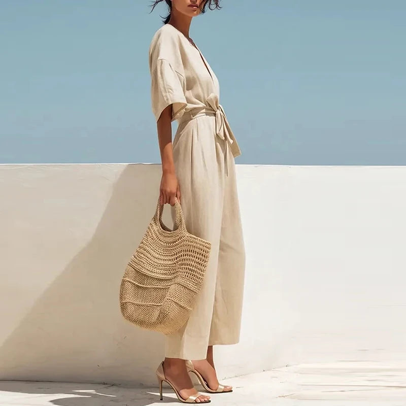 Summer Elegant Jumpsuit V Neck Lace Up High Waist Half Sleeve Long Pants Jumpsuits For Women Casual Loose Romper Playsuits