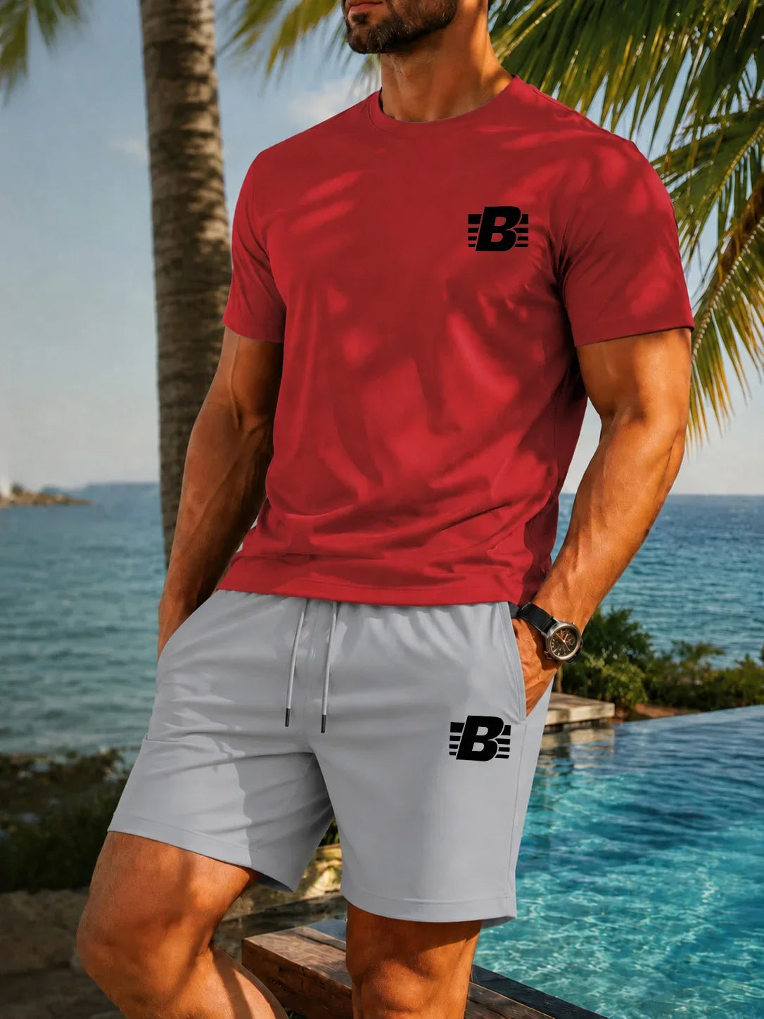 Men's 2-Piece Tracksuit Casual Sportswear Set Short Sleeve T-Shirt + Shorts Quick Dry Breathable Gym Fitness Running Outfit