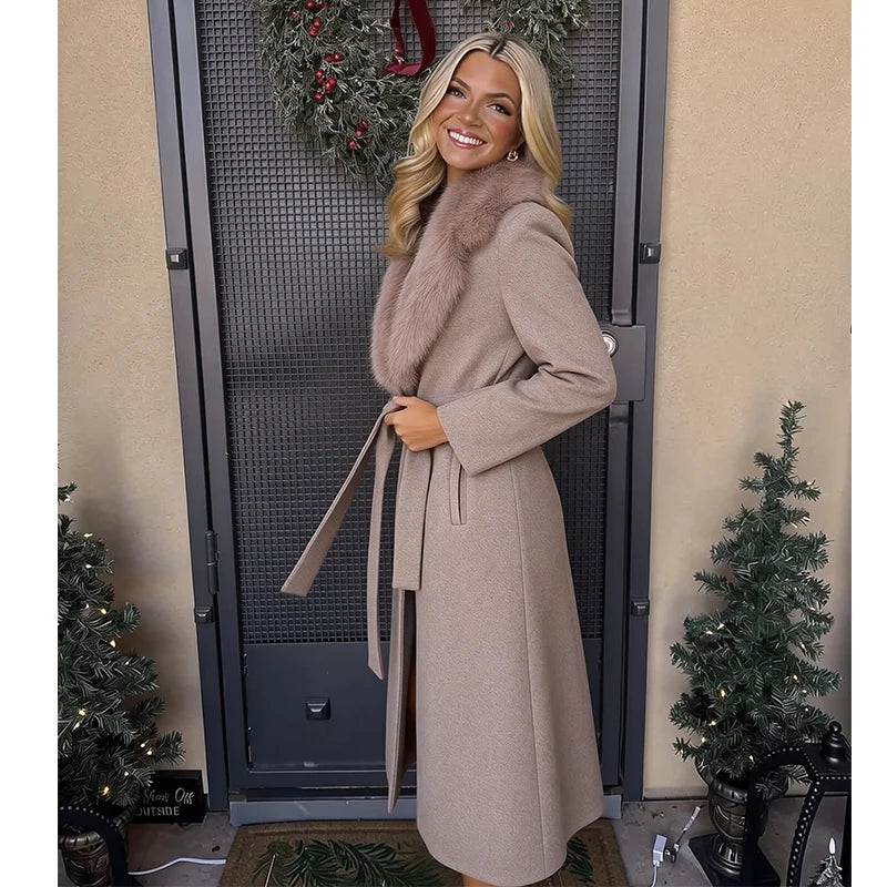 Elegant Belted Fur Collar Overcoat