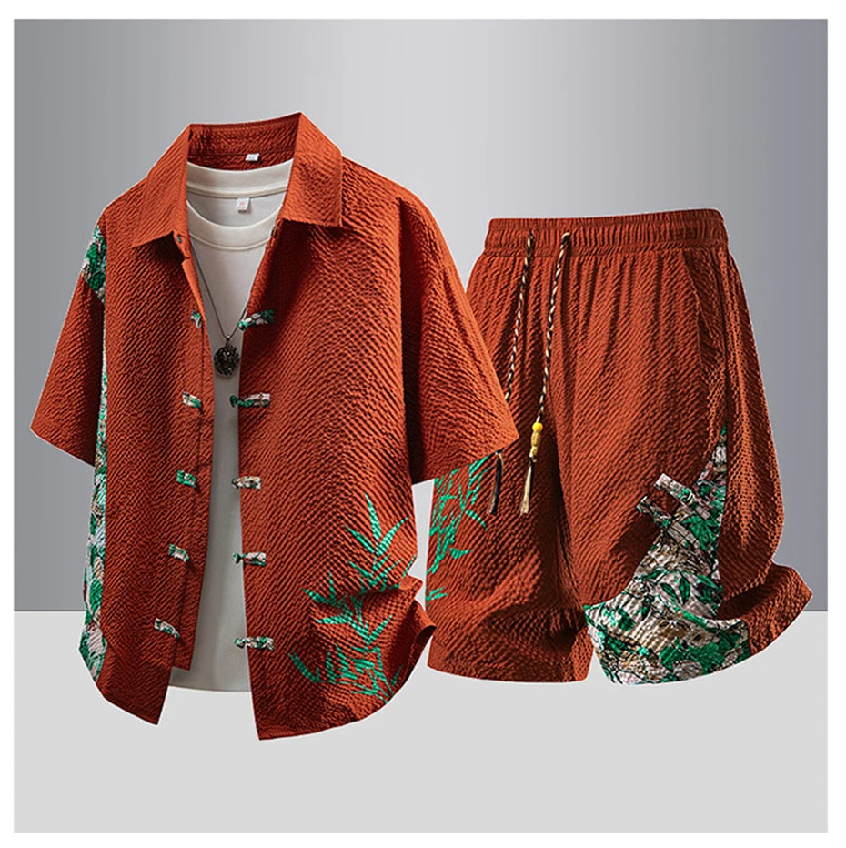 Summer Tracksuits Men Traditional Chinese Style Suit Shirt Shorts Tang Suit Male Fashion Casual Summer Sets