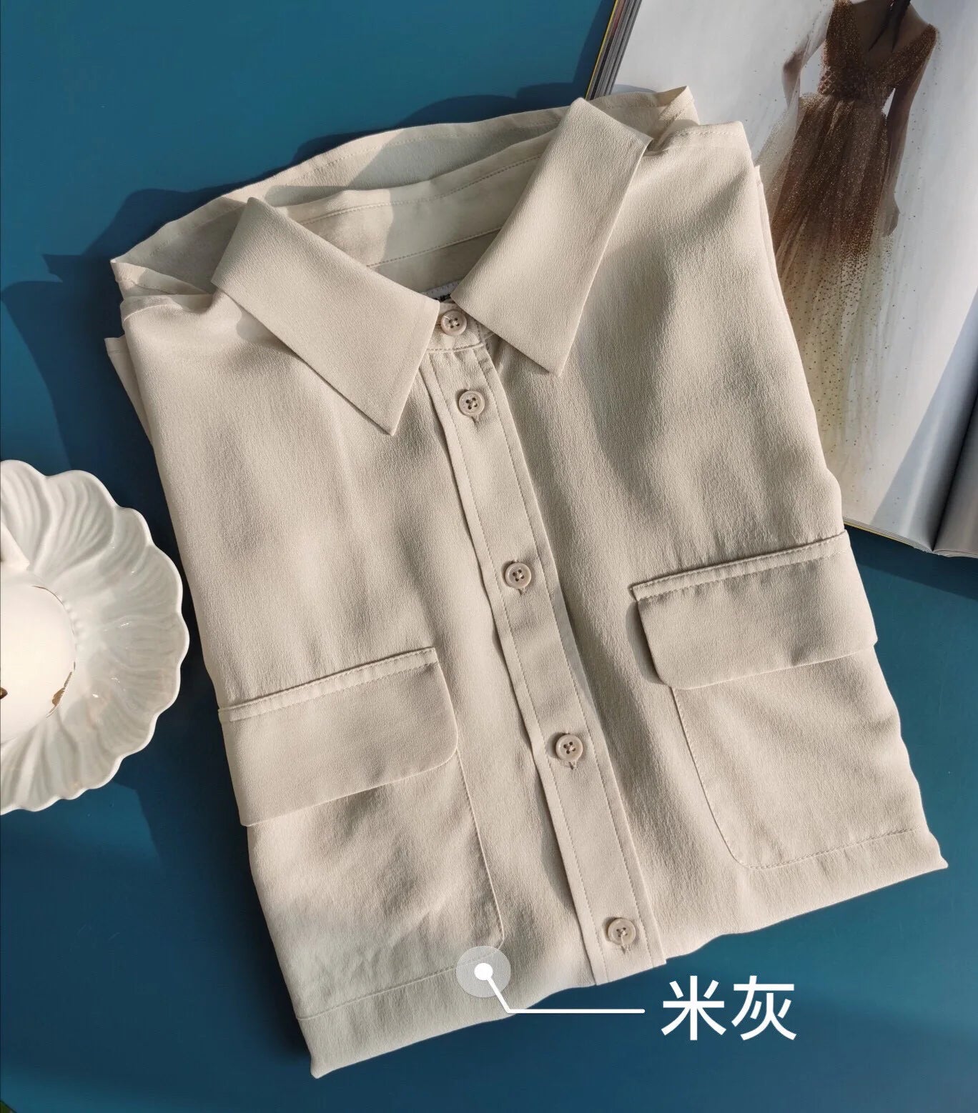 Women Real Silk Shirts Classic Double Pockets Solid Color Casual Fashion Long Sleeve Thin Shirt Blouses Tees