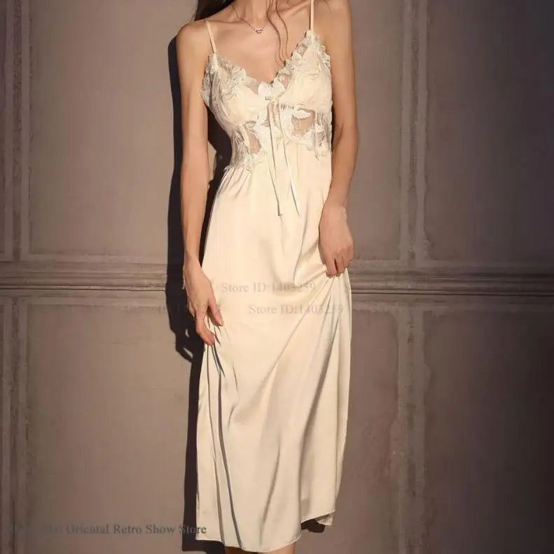 Elegant Female Long Robe Set Nightgown Silky Ice Silk Sleepwear Homewear SEXY Hollow Out Lace Nightdress Lingerie Loungewear