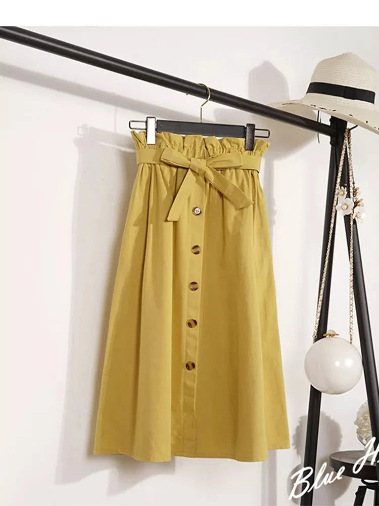 Summer Autumn Skirts Womens Midi Knee Length Korean Elegant Button High Waist Skirt Female Pleated School Skirt