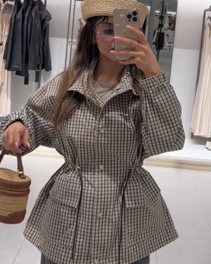 Women's Coat 2026 New Autumn Gray Plaid Long Sleeve Loose Drawstring Decorative Coat Casual Fashion Personal Ladies Outerwear