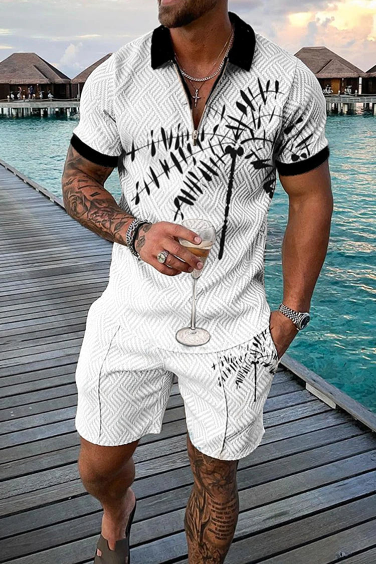 Summer Men's Tracksuit Short Sleeve Polo Shirt Set Fashion Luxury Chain Print Clothing 2 Pieces Casual Suit Streetwear Outfit