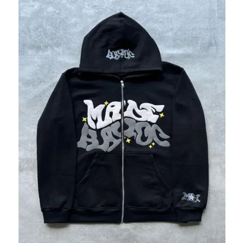 Hooded zipper hoodie with retro American-style letters, unisex, suitable for pairing with a millennial-style jacket
