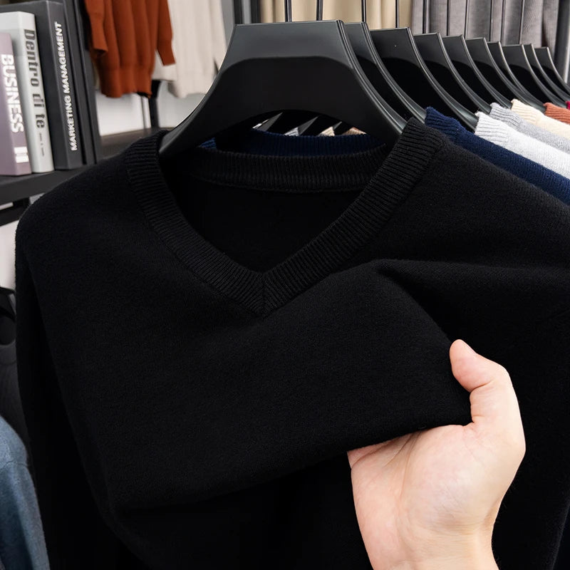 New Sweatwear Men's V Neck Basic Solid Color Sweaters Round Neck Elastic Pullovers Warm Autumn Knitted Oversized Sweater Men