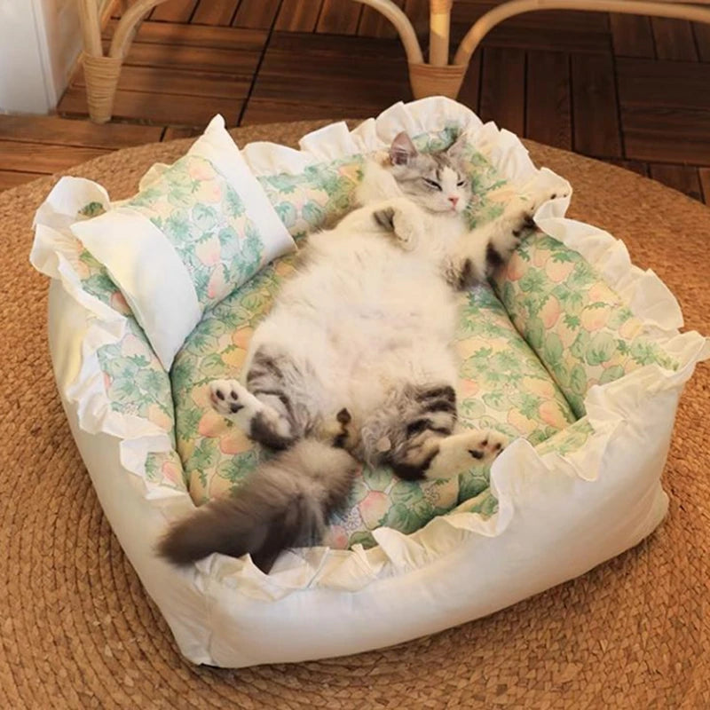 Pet Dog Lace Bed Cat Bed Cute Puppy Square Sleeping Cushion Bed Cat Sofa Warming Dog Nest with Pillow Washable Pet Bed S~L