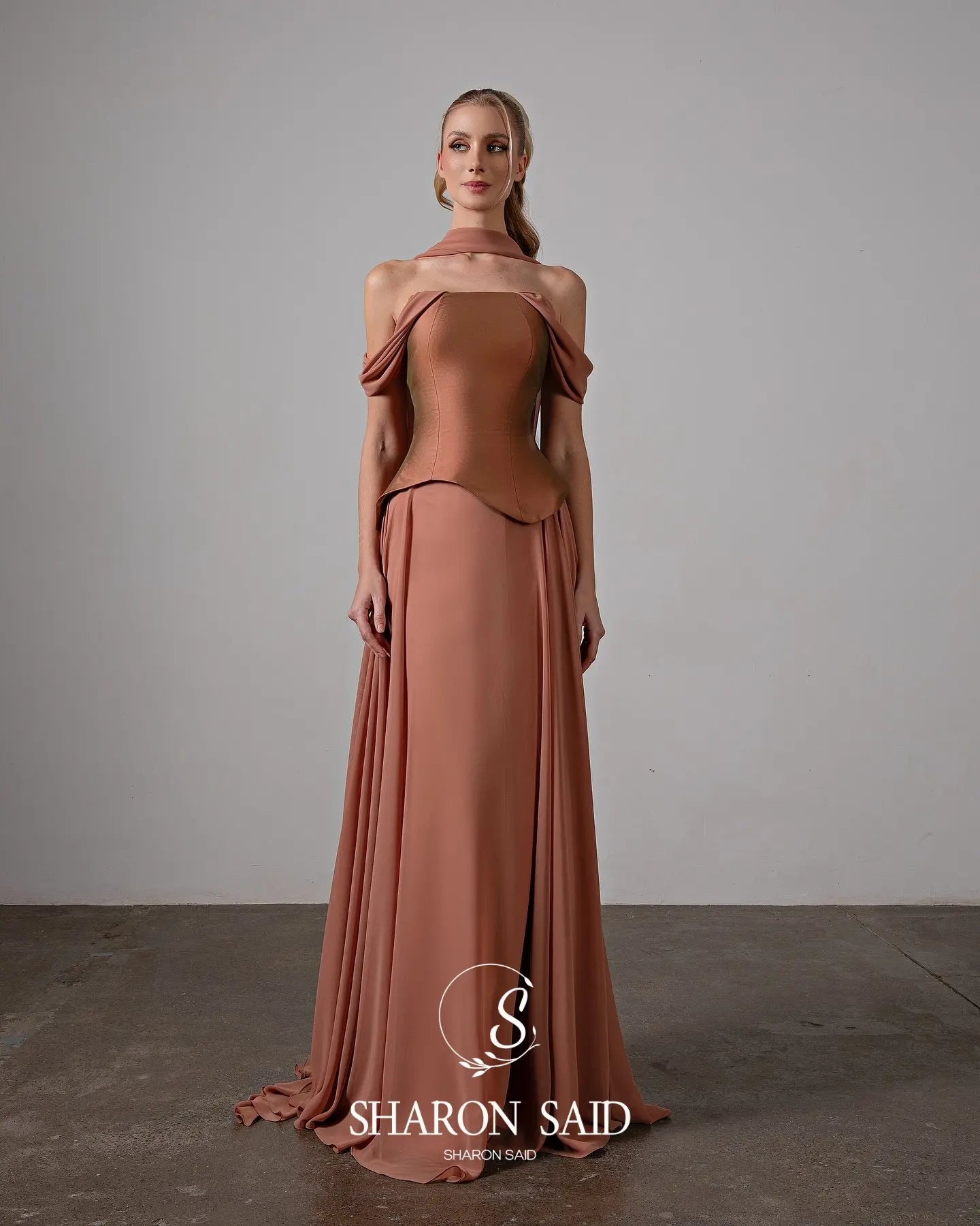 Brown Off Shoulder Chiffon Evening Gown