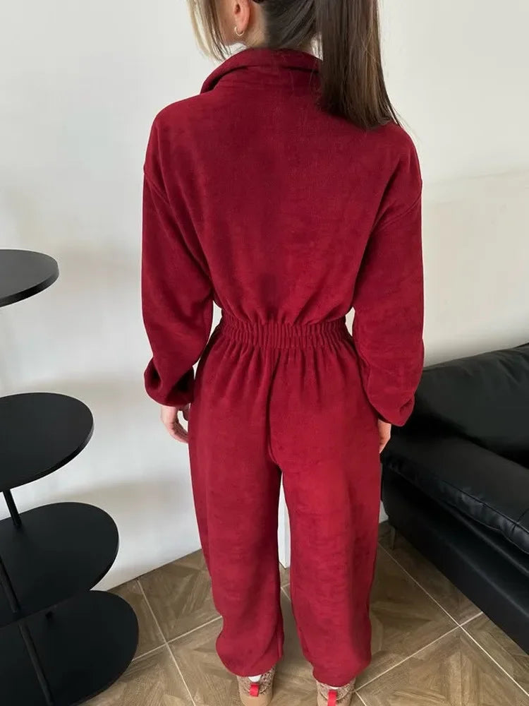 Jumpsuit Women 2026 New Fashionable Long Sleeved Jumpsuit for Women's Casual Half Open Collar Elastic Waist Jumpsuit