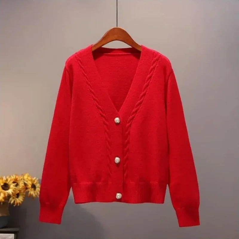Red Knit Button Cardigan Sweater