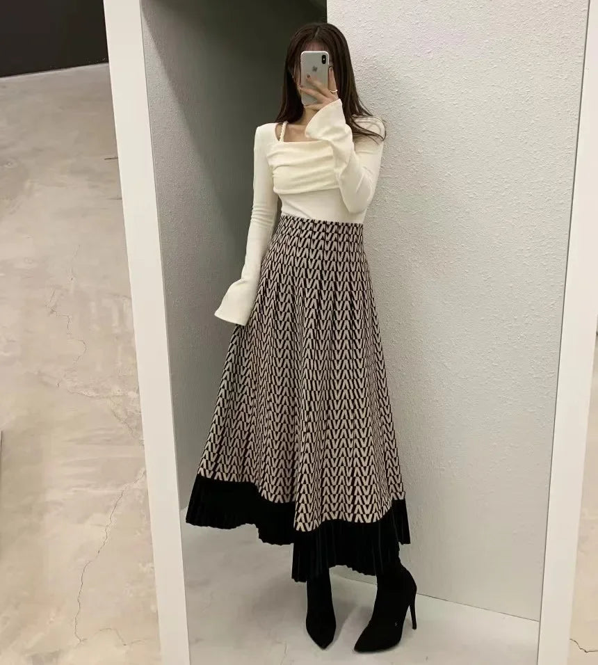 Retro Knitted Pleated Midi Skirt