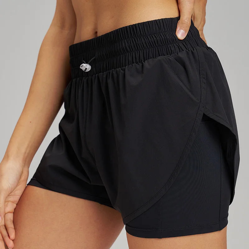 Yoga Shorts Sports Fitness Shorts High Waist Running Fake Two Pieces Anti-Shine Shorts Women's Double Layer Training Leggings