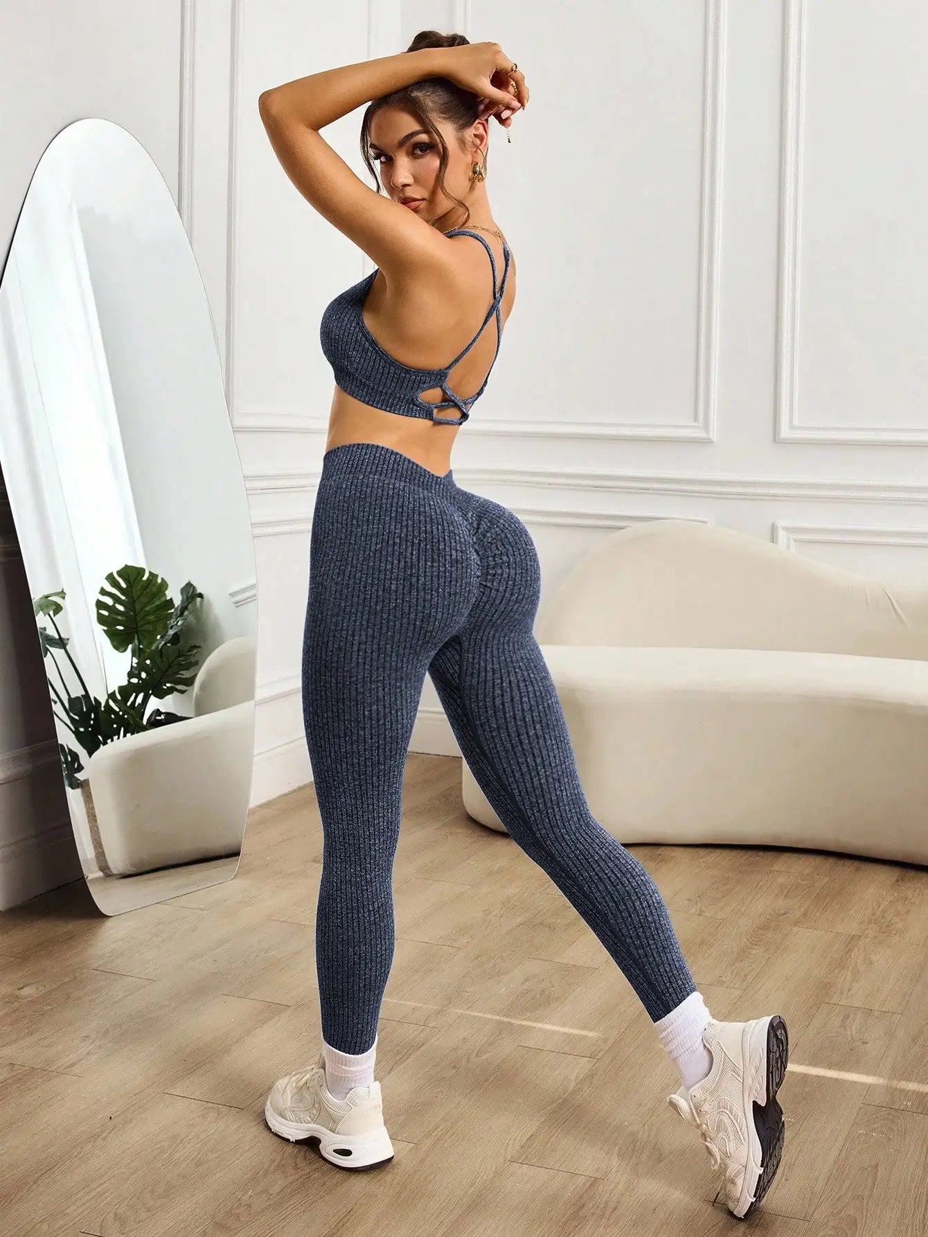 Women's Yoga Fitness Two-Piece Set Seamless Ribbed Bra + High-Waisted Butt-Lifting Gym Pants Hollow out Back Sports Wear