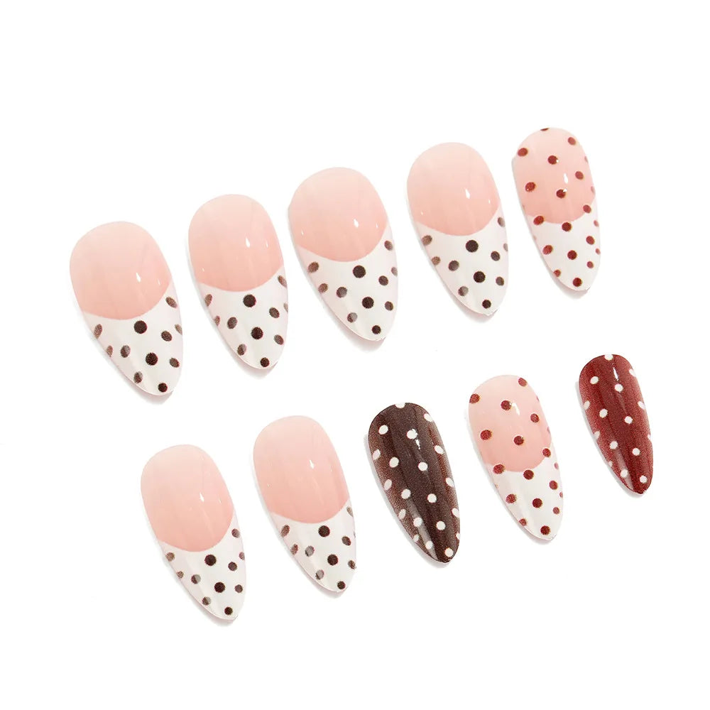 Medium long fake nails for women girls pink white black red blue brown polka dots design almond ballet tips press on false nail